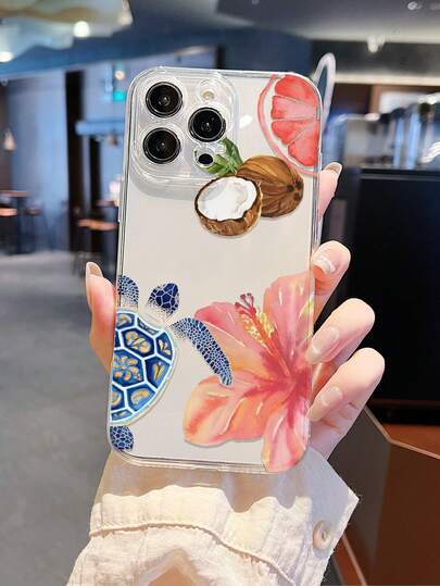 Tropical Sea Turtle & Floral All-Over Print 2D Pattern Elegant Versatile Suitable As Birthday Gift For Boyfriend, Brother, Dad, Friend, Uncle, Younger Brother, Couple, Yourself. Transparent Soft Case With Full Protection, Dust-Proof And Waterproof, Compatible With IPhone17/16/15/14/13/12/11/Pro/ProMax/X/XR/XS/XSMAX/7/8/PLUS And A05/13/14/23/24/25/32/33/34/52/53/54/55/56, GalaxyS20/21/22/23/24/25/26ultra/Plus/Fe