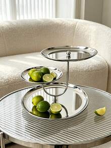 1pc Luxury Ins-Style Stainless Steel Mirrored Fruit Plate, Niche Creative Dessert Stand, Nordic Style Stainless Steel Fruit Rack, Elegant Cake & Snack Stand, Exquisite Afternoon Tea Dessert & Snack Rack, Luxury Multi-Layer Fruit Plate Storage Tray, Living Room Coffee Table Decor, Suitable For Cafe, Restaurant, Living Room, Dessert Shop, Wedding, Party - Silver - View 3