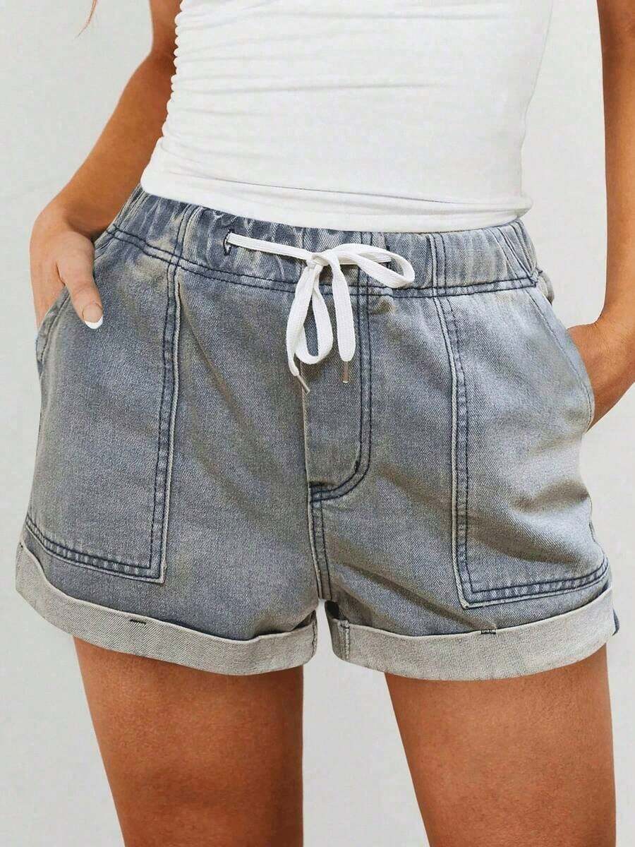 Women's Lightweight Summer Denim Shorts, Casual Loose Drawstring Elastic Waist, Cuffed Hem, Comfortable Vacation Denim Shorts - Azul retro - Ver 1