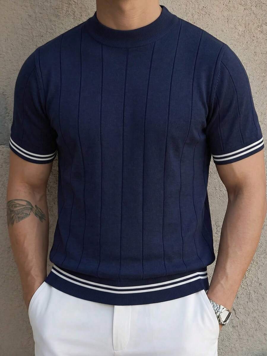 Men's Spring/Summer High Neck Short Sleeve Striped Knit Sweater, Slim Fit Retro Elegant Casual Designer Knitwear