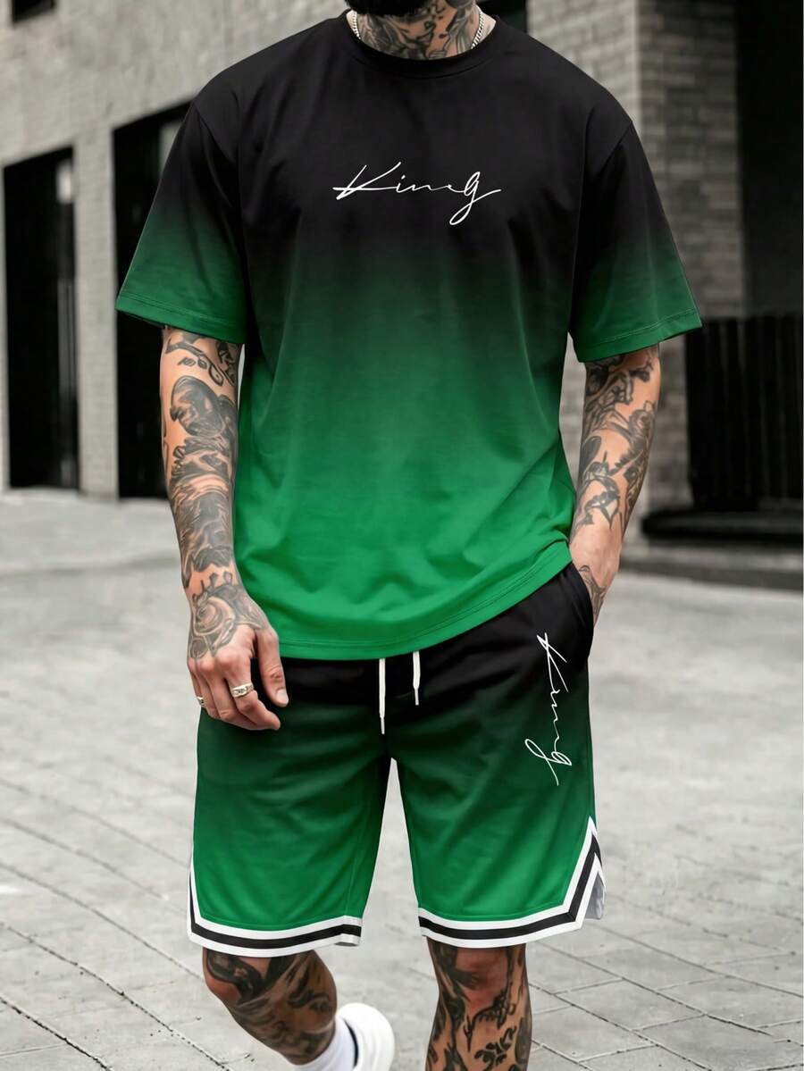 Men's Gradient Letter "King" Print Round Neck Short Sleeve Top And Shorts Set - Green - View 1