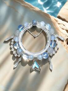 1 pieza Pulsera elástica con cristales de estilo de moda océano, con cola de pez y rombos con cuentas, adecuada para uso diario, playa y viajes - azul blanco - Ver 3