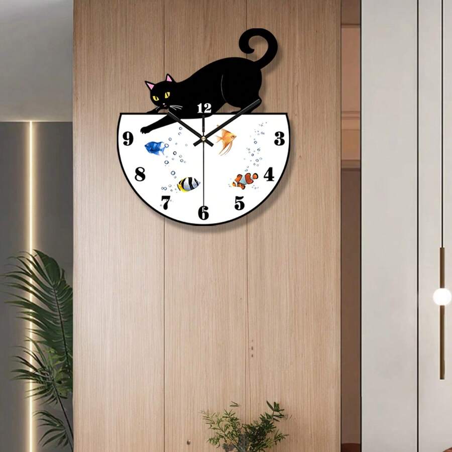 AUOKmall 1个卡通猫造型静音夜光装饰挂钟，适用于客厅、厨房、卧室、咖啡厅和书房（不含电池）