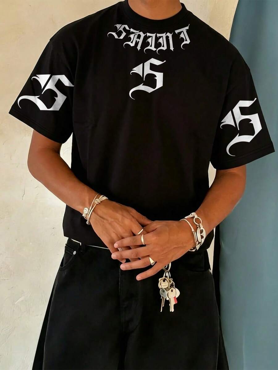 男士夏季字母印花宽松落肩短袖T恤,低调奢华,简洁美学,极简主义 - 黑色 - 查看 1