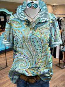 Women's Vintage Casual Floral Patchwork Striped Collar Half-Placket Shirt, Spring/Summer, Tropical Print Design, Hawaiian Style, Boho Chic Look, Y2K Revival, Coastal Grandma Fashion, Lightweight Breathable Fabric, Vacation Wear, Beach Party Outfit, Streetwear - Blue - View 3