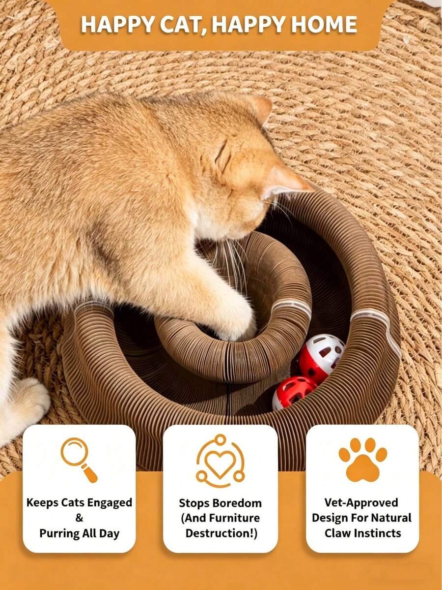 1pc Interactive Magic Accordion Cat Scratch Pad With Bell Ball And Foldable Accordion - Compact Cardboard Scratch Mat Suitable For Indoor Cats, Bell Toy For Exercise, Fits Small Spaces, Suitable For Furniture