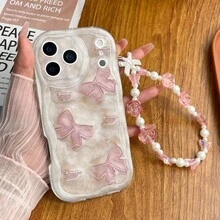 两件套（1个蝴蝶结印花手机壳+1条手工玫瑰珍珠手链），耐用防震时尚手机壳，兼容Galaxy S22/23/24/S25/A04/05/06/A07/A17/A14/A15/A16/A24/A25/A34、Note 7/8/9/10/11/12/13/14、9/10/12/13C/14C/A5、Honor X、HW、C53 C55。 - 透明殼 - 查看 3