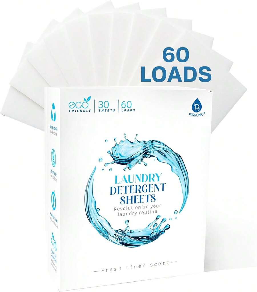 Pursonic  Laundry Detergent Sheets - 30 Sheet (60 Loads) Natural Zero Plastic Laundry Sheets With Powerful Cleaning Power - Travel Essentials, Quick-Dissolving & Mess-Free (Fresh Linen) - 60 Loads - View 1