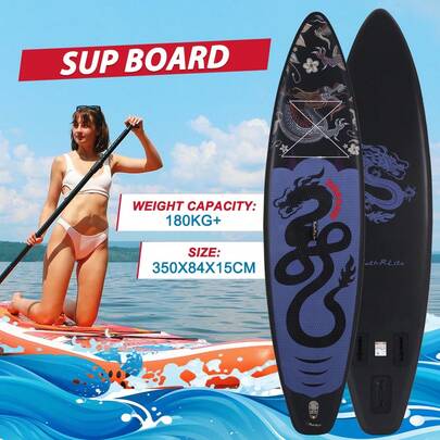 FEATH-R-LITE Aufblasbares Paddleboard mit lila-schwarzem Drachenmuster, 350 x 84 x 15 cm, 180 kg Tragkraft + komplettes Zubehörset, Sommersee- und Meeresabenteuerausrüstung der Europäischen Union/nationale Gezeitenruderausrüstung