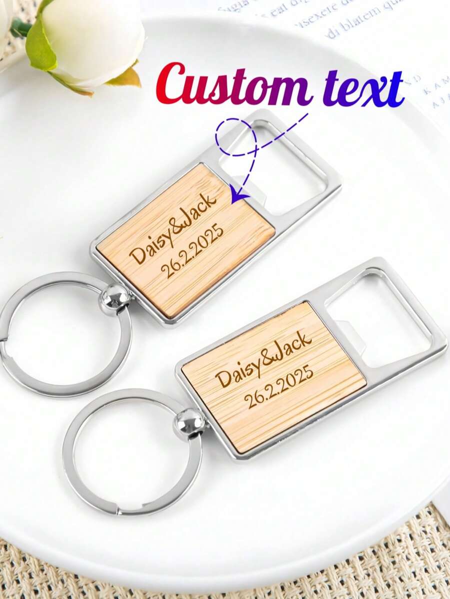 Customized Rectangular Bottle Opener Keychain, Bamboo Material, Suitable For Bar, Living Room, Dining Room, Housewarming, Birthday Party, Anniversary, Engagement, Wedding Ceremony, Perfect Gift Choice - Khaki - View 1