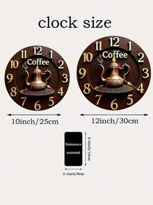 10/12 Inch Round Gold Coffee Pot Shaped Wall Clock | Wooden Material, Silent Quartz Movement, Battery Operated (AA Battery Not Included) - Suitable For Bedroom, Kitchen, Study, Garage - Multicolor - View 3