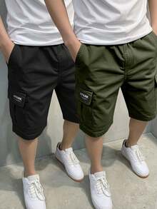 青少年男孩 2 件装休闲口袋印花徽标户外运动短裤，春夏季 - 軍綠色 - 查看 5
