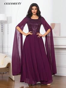 Women's Elegant Purple Long Sleeve Chiffon Pleated Dress, Graceful And Formal For Celebration Events Wedding Party - Purple - View 3