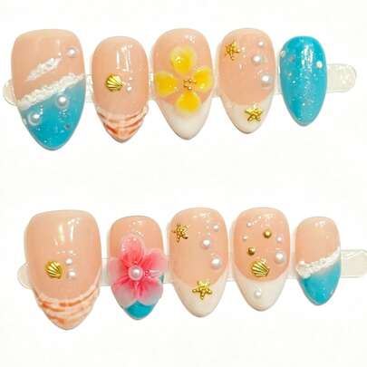 10pcs Handmade Nail Stickers, Blue & White Ombre Wave + 3D Daisy Flower, Paired With Pearl & Shell Elements, Gentle & Energetic. Almond Shaped Nails Elongate Hands, Perfect For Beach Photos, Ideal For Fair Skin Beauties