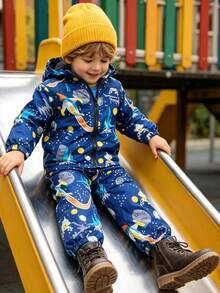 2pcs/Set Toddler Boys' Hooded Jacket With Rocket & Space Print + Pants Sportswear Outfit - Navy Blue - View 2