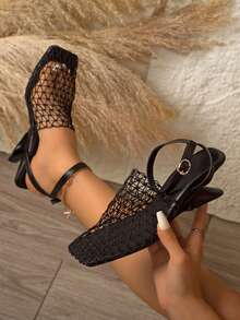 Women's Hollow Mesh Closed Toe Wedge Sandals, Breathable Ankle Strap Open Toe High Heels, Elegant Backless Stilettos, Comfortable Party Shoes - Black - View 1