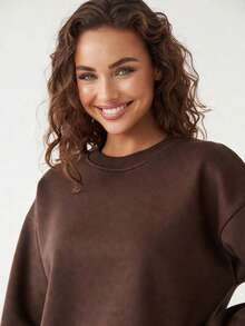 Women's 100% Cotton Casual Plain Crew Neck Warm Comfortable Fleece Long Sleeve Minimalist Winter Sweatshirt - Màu vàng - Xem 3