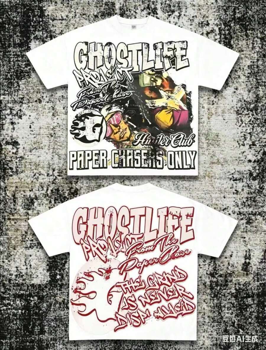 Men's Y2K Tee -American Street & "GHOSTLIFE" Hip-Hop Figureg Raphic T Shirt, Loose Retro Fit,Suitable For Young Men And Women To Wear For Casual - 白色 - 查看 1