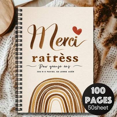 Sổ tay lò xo kiểu Lễ Tạ ơn Pháp, bìa in dòng chữ "Merci Beaucoup" (Cảm ơn rất nhiều) và họa tiết cầu vồng ấm áp, thể hiện không khí lãng mạn. 100 trang, dung lượng lớn, phù hợp cho công việc, học tập, lập kế hoạch hàng ngày, viết nhật ký, cũng là món quà tốt nghiệp hoặc sinh nhật lý tưởng.