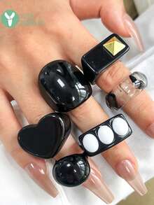 6pcs Subtle Cool Black Resin Rings, Casual Versatile Punk Style Accessories - Multicolor - View 2