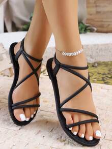 夏季新款细带交叉平底罗马凉鞋，复古优雅流行弹力后带户外通勤百搭沙滩度假鞋 - 黑色 - 查看 5