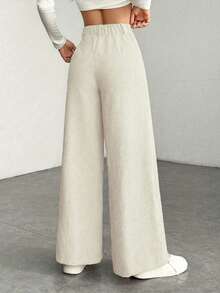 1pc Yaxuan Solid Color Polyester High Waist Loose Wide Leg Pants, Button Pockets Zipper Closure Trousers, Suitable For Daily, Commute, Spring/Summer/Autumn - Deep Apricot Color - View 3