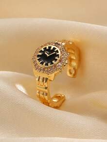 1pc Fashionable Unique Design Women's Decorative Ring Watch, Non-Functional Time Display - Yellow Gold - View 4