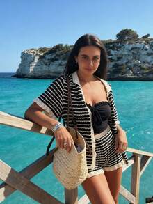 Senya Women's 2-Piece Set: Loose Striped V-Neck Drop Shoulder Short Sleeve Crochet Swimsuit Cover-Up And Elastic Waist Striped Black Shorts Spring/Summer Knit Outfit, Suitable For Commuting, Casual Vacation, Beach, Singles Party And Pool Party - Black and White - View 4