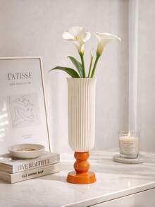 1pc French Tall Striped Vase With Colorblock Base Design, Suitable For Living Room Or Entryway Decor - Multicolor - View 8
