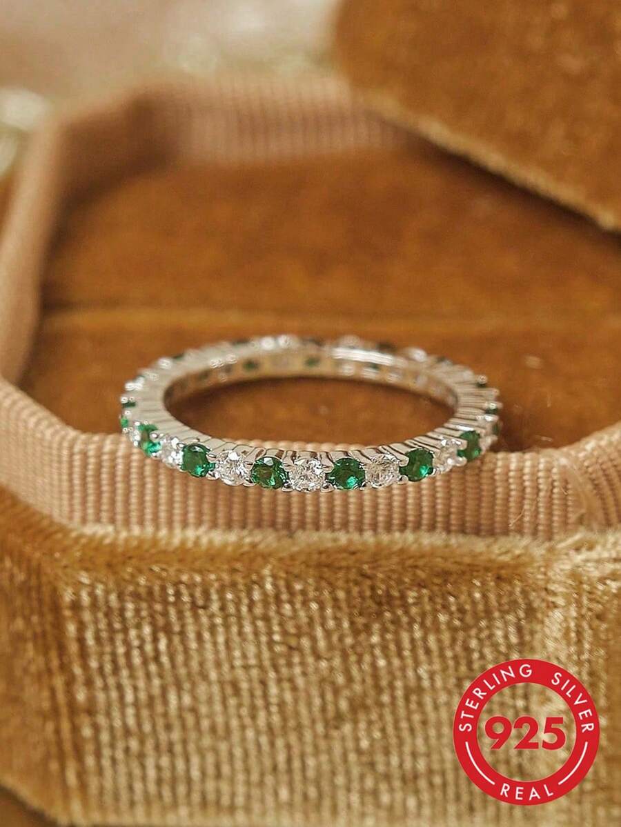 1 pieza Anillo de Zirconia Cúbica Elegante y Lujoso, Anillo de Promesa de Plata de Ley S925, Anillo Eterno, Regalo de Joyería Exquisito para Mujeres - anillo espaciador - Ver 1
