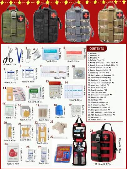 27-delige EHBO-set met accessoires - Medische set voor buitensporten, aardbevingen en rampenbestrijding, draagbare tas voor thuis en op reis, voldoet aan de basisbehoeften bij noodgevallen, combiset van 300/40 stuks