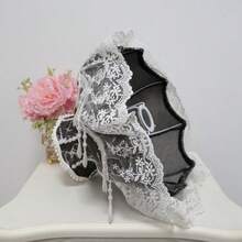 Abajur estilo Lolita, estampa de mármore preto e prata/sakura azul marinho, cúpula artesanal com franjas de pérolas e renda branca, ideal para criar um ambiente aconchegante no quarto. Somente a cúpula (corpo da lâmpada não incluso). - Abajur estilo Lolita - Ver 7