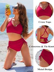 Women's High Waisted Bikini Sets, Crisscross Tie Back Drawstring Tummy Control Two Piece Swimsuits Bathing Suit - 紅色 - 查看 4
