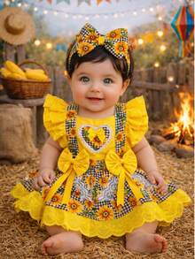 Baby Girl's Skirt Overalls Blogger Maria Bonita Lampião Northeast Costume Monthly Birthday July Julina Northeastern Juliette Classic School Dance São João Quadrilha Caipirinha Look Junino Pennant Party Photo Shoot With Hair Tiara Cute Charm Fashion Arraiá Ruffle Decorative Bow Delicate - Màu vàng - Xem 1