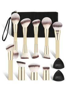 9件套双头化妆刷套装 - 大号散粉刷 + 细节眼影刷 + 轮廓腮红刷，配3个三角形化妆海绵，装在鳄鱼纹收纳袋中，化妆刷套装 - 彩色 - 查看 13