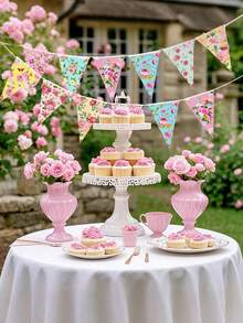 24pcs/2pcs Set Tea Flower Party Decoration Paper Triangle Pennant Outdoor Floral Decor Flags, Suitable For Spring/Summer Fairy Garden, Baby Shower, Wedding, Birthday, Bedroom Hanging Decor (12 Flags/Pack) - A - View 6