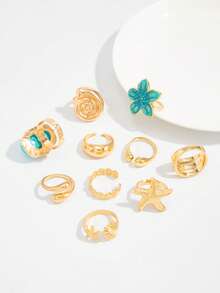 Set de 10 anillos con diseño de tema oceánico en tono dorado, diseñados para mujeres, con gruesas anillos de estrella de mar y conchas de color azul-verde, con estilo bohemio y de playa de moda - Dorado - Ver 8