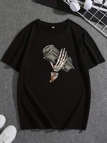 T-shirt med tryck av dödskalle och dollartecken, andningsbar och t-rendig urban stil för män, enkel och bekväm topp, kortärmad rundhalsad t-shirt för sommaren, modell 1239, rund hals, avslappnad stil, lös pa-ssform, sommar. Sommarklädset, semesterklädset, damklädset, damfestivalklädset, gästklänning i mikrofiber, damsommarklänning, damsommarset, festivalset, damsommarklänning med paljetter, festivalset, vit t-shirt, sommarset, sommar-t-shirts för barn. - Svart - Visa 8