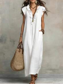 European And American 2026 Spring/Summer New Bohemian Flutter Sleeve Floor-Length Dress - trắng - Xem 1