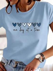 Simple Straight Tee Six Gradient Blue Grey Hearts Gentle Handwritten Text Print, Silky Skin Friendly Top For Relaxed Daily Wear - 藍色 - 查看 14