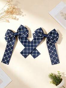 2pcs Navy Blue Argyle Polka Dot Print Bow Decor Hair Clips, Suitable For Daily Use - Multicolor - View 5