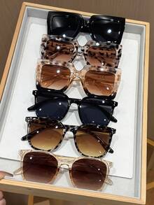6pcs Women's Large Frame Black Leopard Print Plastic Glasses, Fashion Outdoor Summer Beach Travel Party Accessories - 6 chiếc bộ ấm trà/ly rượu sâm panh in họa tiết da báo đen. - Xem 1