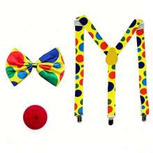 1 Set Costume de Clown Vintage à Pois Colorés Comprend Cravate + Nez + Bretelles - Tenue en Polyester à la Mode, Convient pour Halloween, Carnaval, Festival, Représentation sur Scène, Rentrée Scolaire, Cosplay, Fête de Vacances, Noël, Thanksgiving, Fête de Danse Costume de Clown - Multicolore - Voir 11