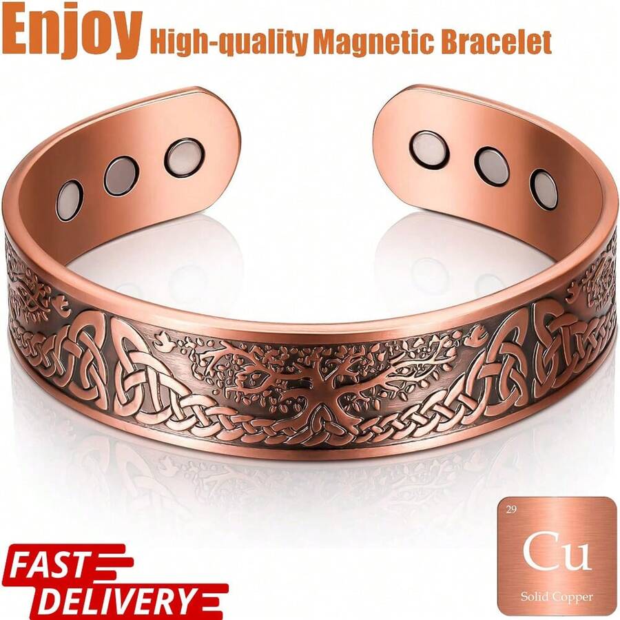 Men's Pure Copper Magnetic Tree Of Life Solid Copper Bangle - Orange - View 1