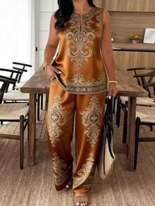 Plus Size Women's Notch Neck Sleeveless Two Piece Set, Caramel Brown European Scroll Full Print Outfit, No Drawstring With Pocket, Casual Vacation Summer Sleeveless Top & Wide Leg Pants Set For Beach Trip Daily Wear - 彩色 - 查看 2