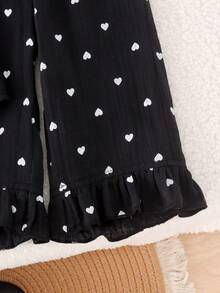 2pcs Baby Girls' Casual Sports Cute Heart Print Round Neck Sleeveless Top + Matching Print Ruffle Hem Straight Pants Set, Summer - Black - View 7