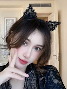1pc Women's Headband With Cute Cat Ears, Black Lace Hair Hoop For Birthday Party, Festival, Performance,Travel - Black - View 6