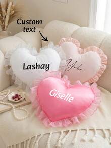 1pc Customizable Name Heart-Shaped Pillow Cover, Personalized Ruffle Pillow Sham, Customizable Text Decorative Cushion Cover, Suitable For Sofa, Bed, Living Room, Birthday, Valentine's Day, Wedding, Housewarming, Unique Gift For Ladies And Girls - White - View 1