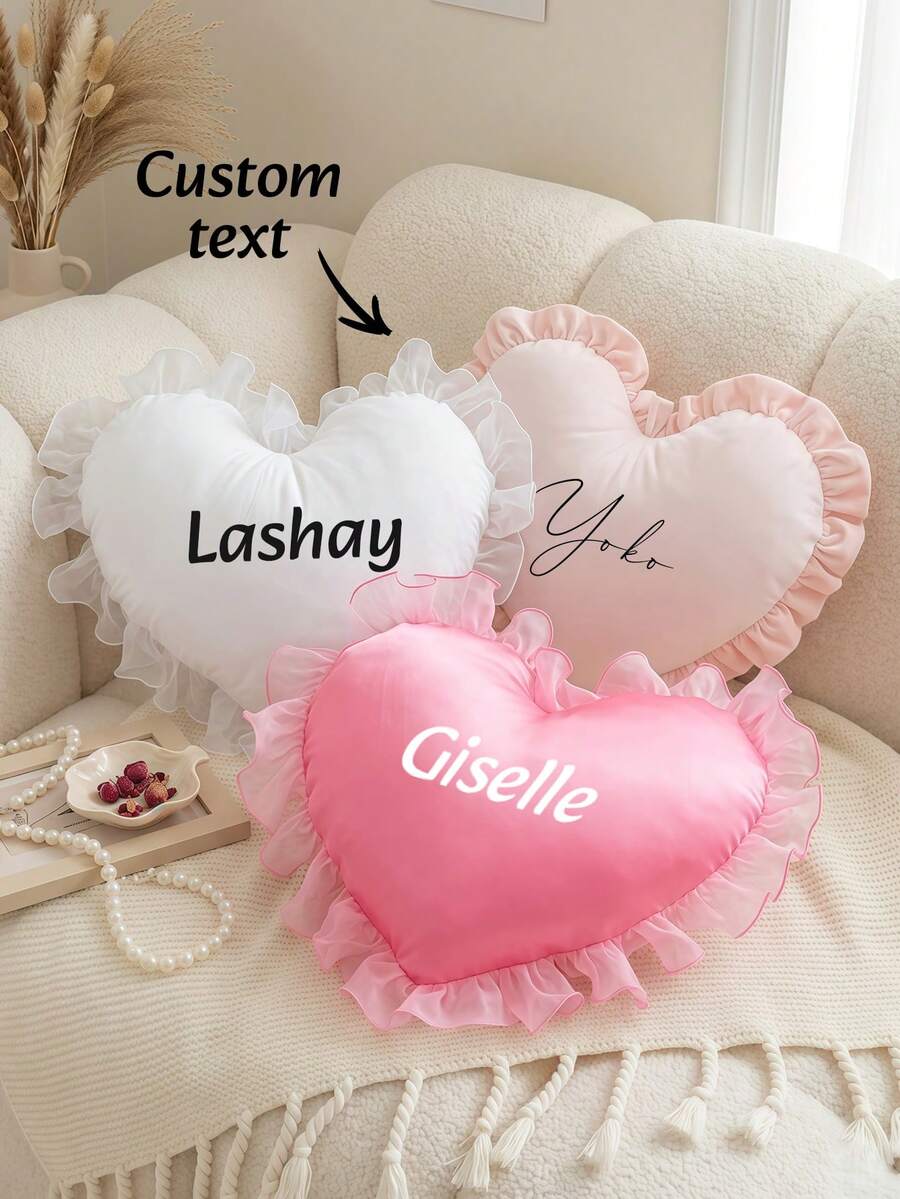 1pc Customizable Name Heart-Shaped Pillow Cover, Personalized Ruffle Pillow Sham, Customizable Text Decorative Cushion Cover, Suitable For Sofa, Bed, Living Room, Birthday, Valentine's Day, Wedding, Housewarming, Unique Gift For Ladies And Girls - White - View 1