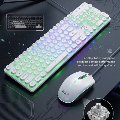 Acer Wired Punk Keyboard And Mouse Combo – Breathing Lighting Effect, Mechanical Feel – Round Keycaps, 26-Key Rollover – Illuminated Version For PCs/Laptops – Desktop Aesthetics, Essential For Gaming And Office Use